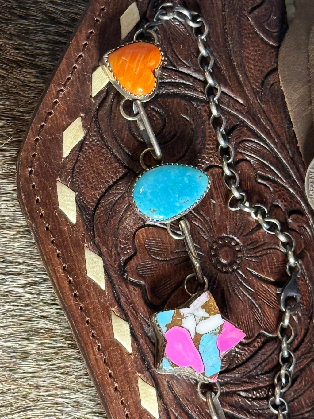 Navajo handmade Turquoise, orange spiny, cotton candy star choker necklace