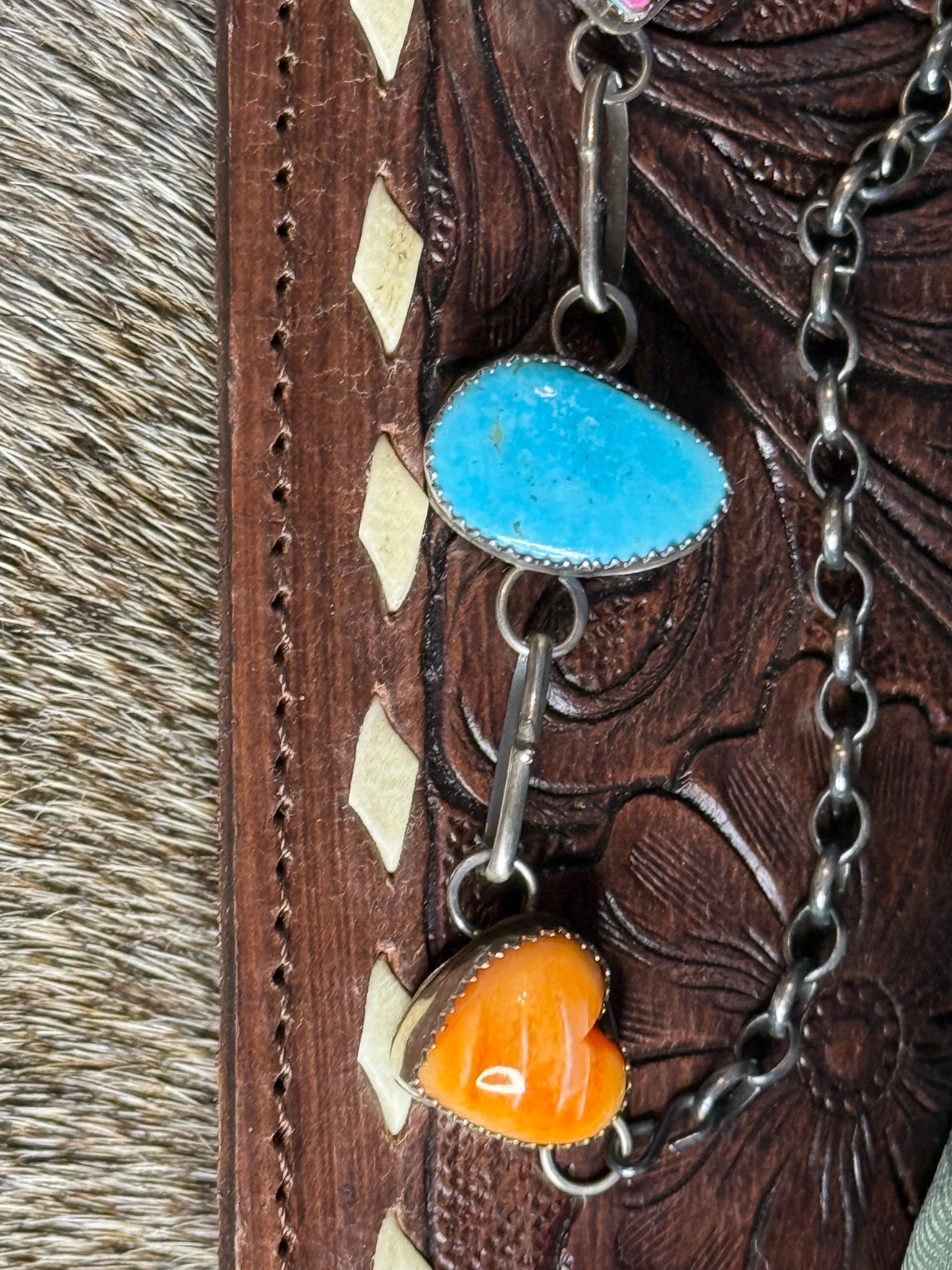 Navajo handmade Turquoise, orange spiny, cotton candy star choker necklace