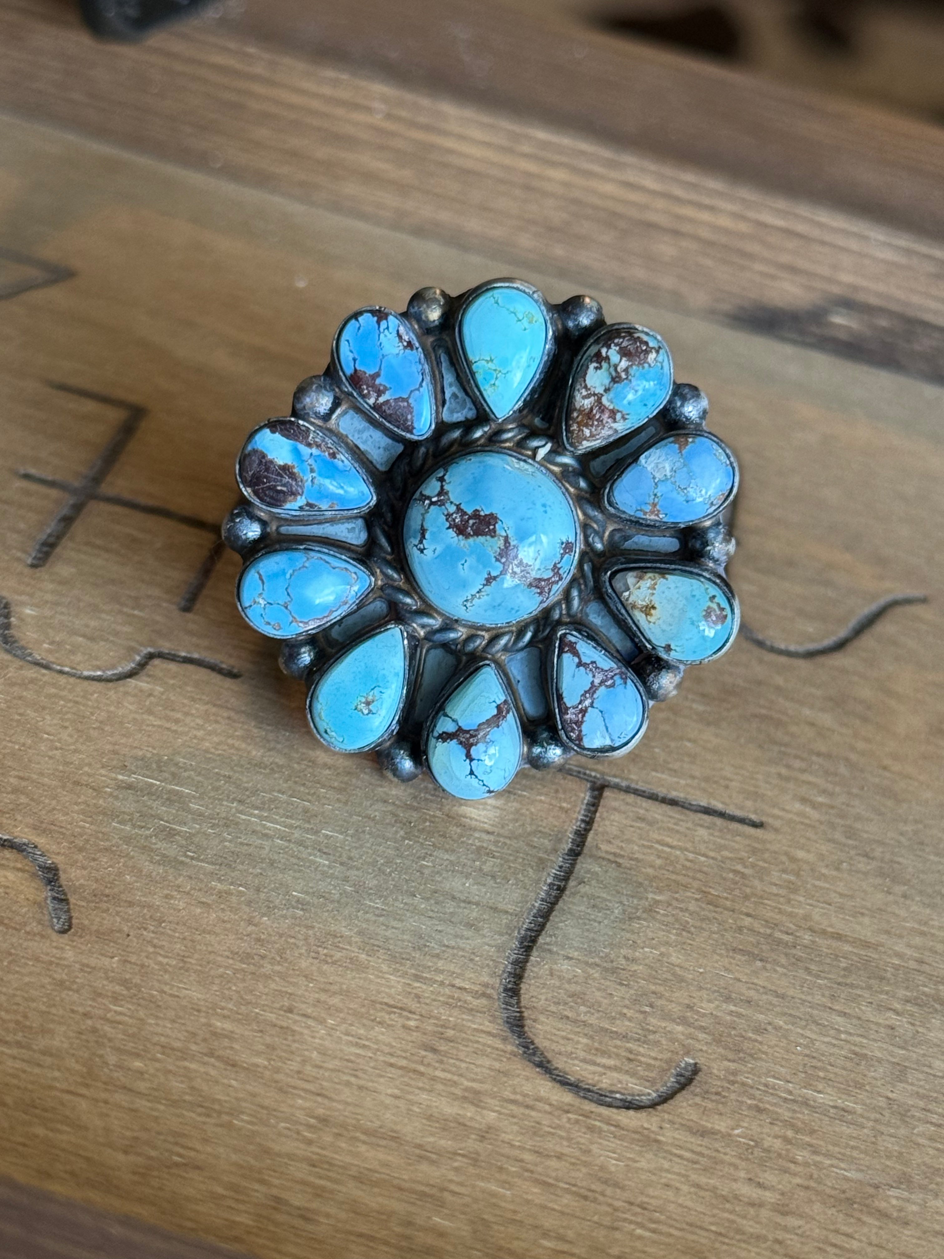 Navajo Wilson Dawes golden hills turquoise cluster ring
