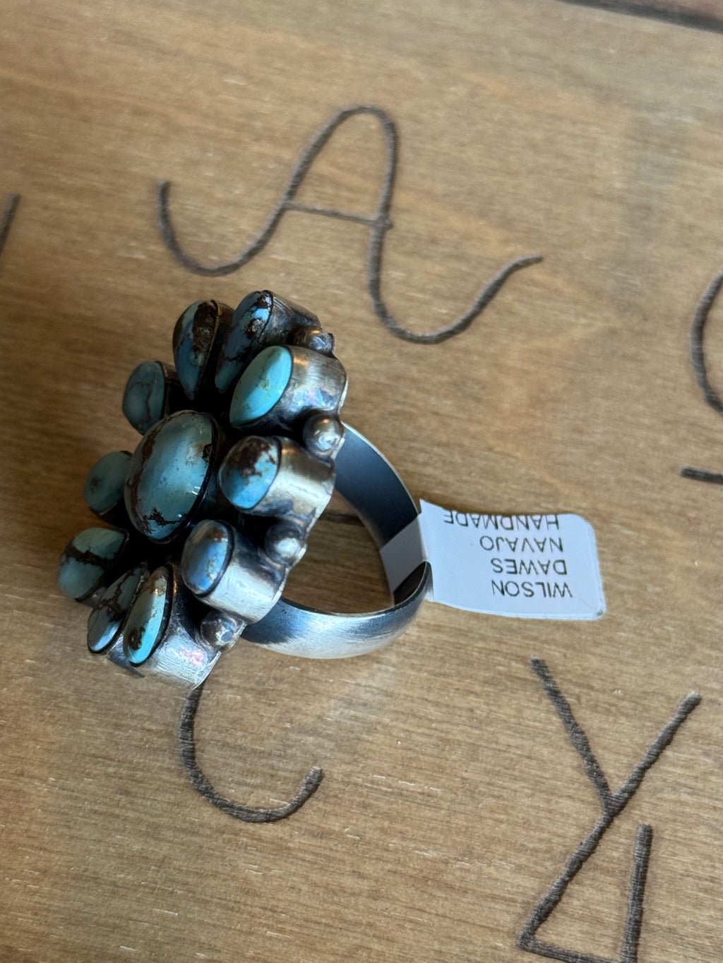 Navajo Wilson Dawes golden hills turquoise cluster ring