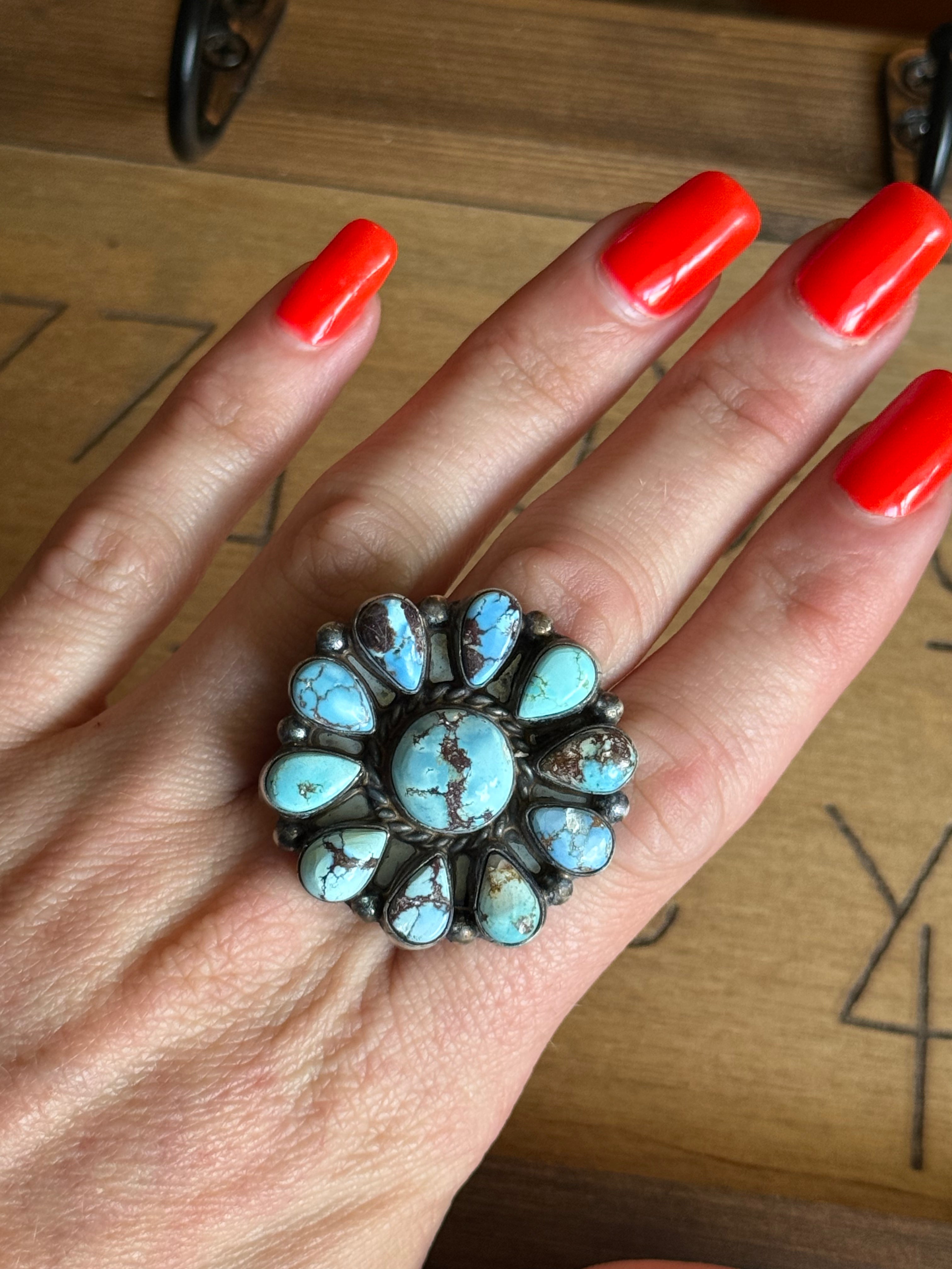 Navajo Wilson Dawes golden hills turquoise cluster ring