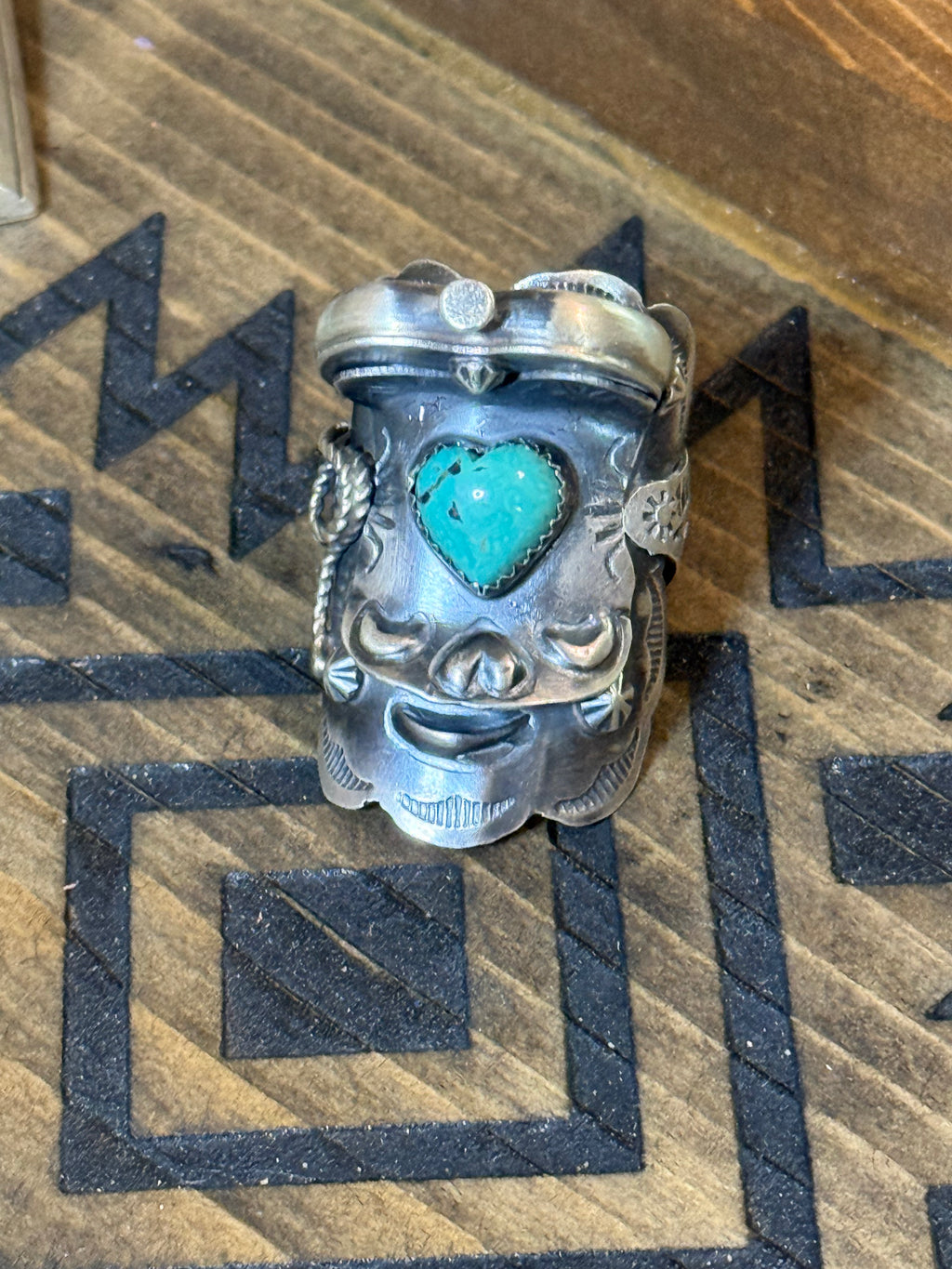 Native American Tim Yazzie turquoise saddle ring with turquoise heart