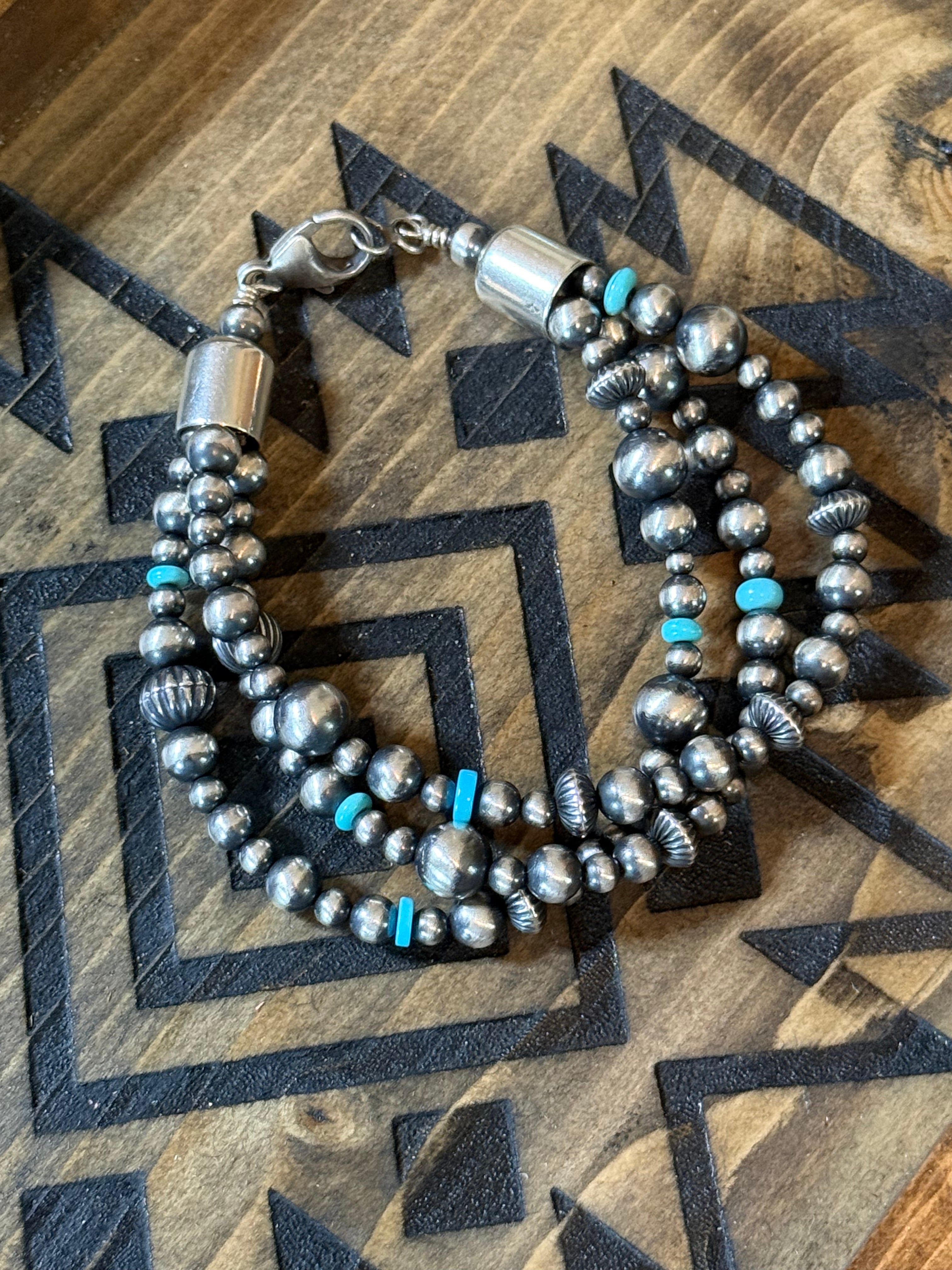 Native strung sterling silver & turquoise multi strand bracelet 8.5”