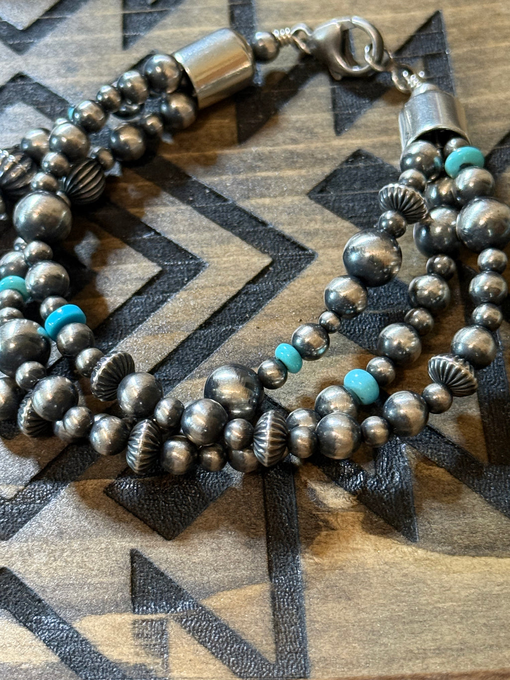 Native strung sterling silver & turquoise multi strand bracelet 8.5”