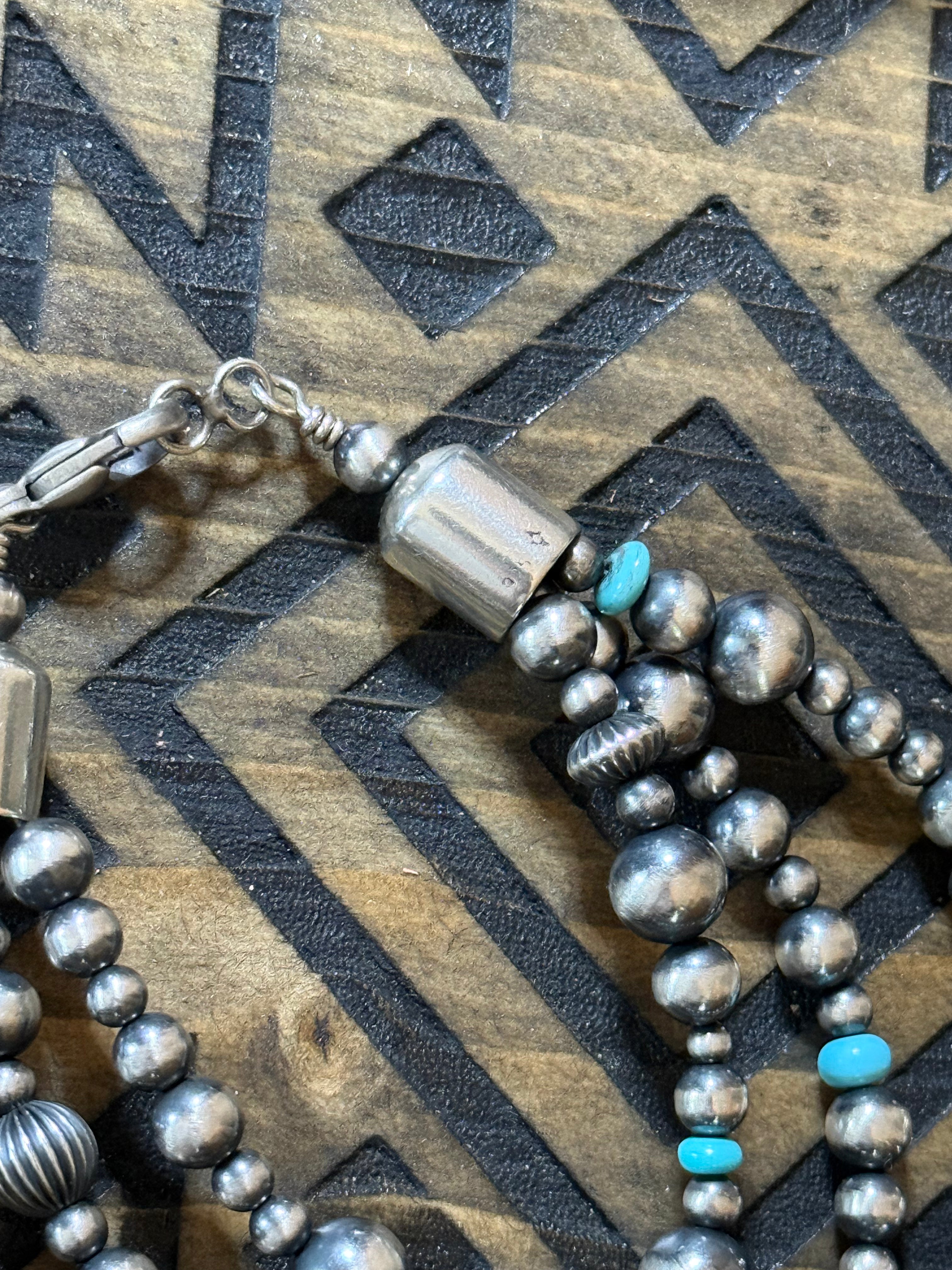 Native strung sterling silver & turquoise multi strand bracelet 8.5”