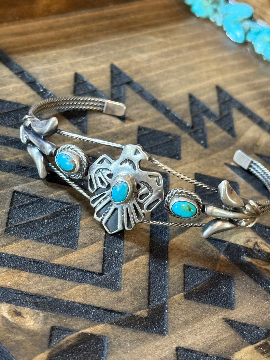 Native Bobby Platero native made Thunderbird turquoise cuff