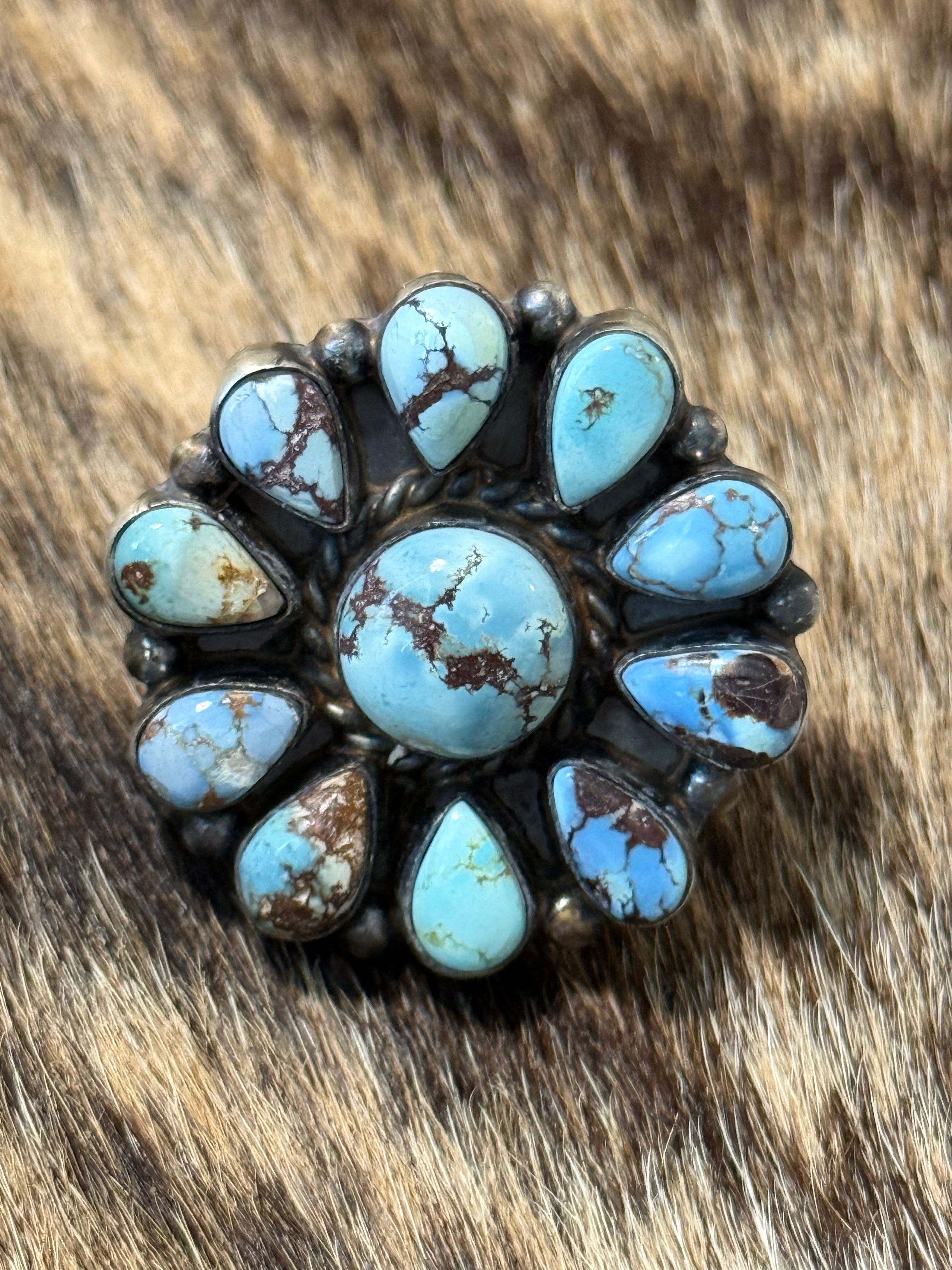 Navajo Wilson Dawes golden hills turquoise cluster ring