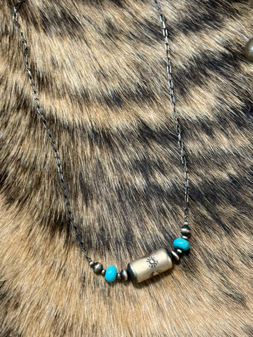 Stamped barrel bead & turquoise necklace