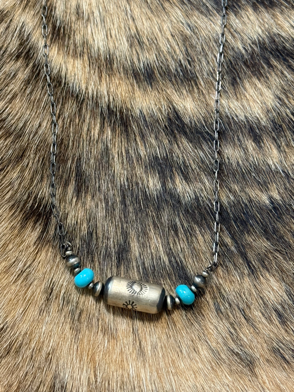 Stamped barrel bead & turquoise necklace