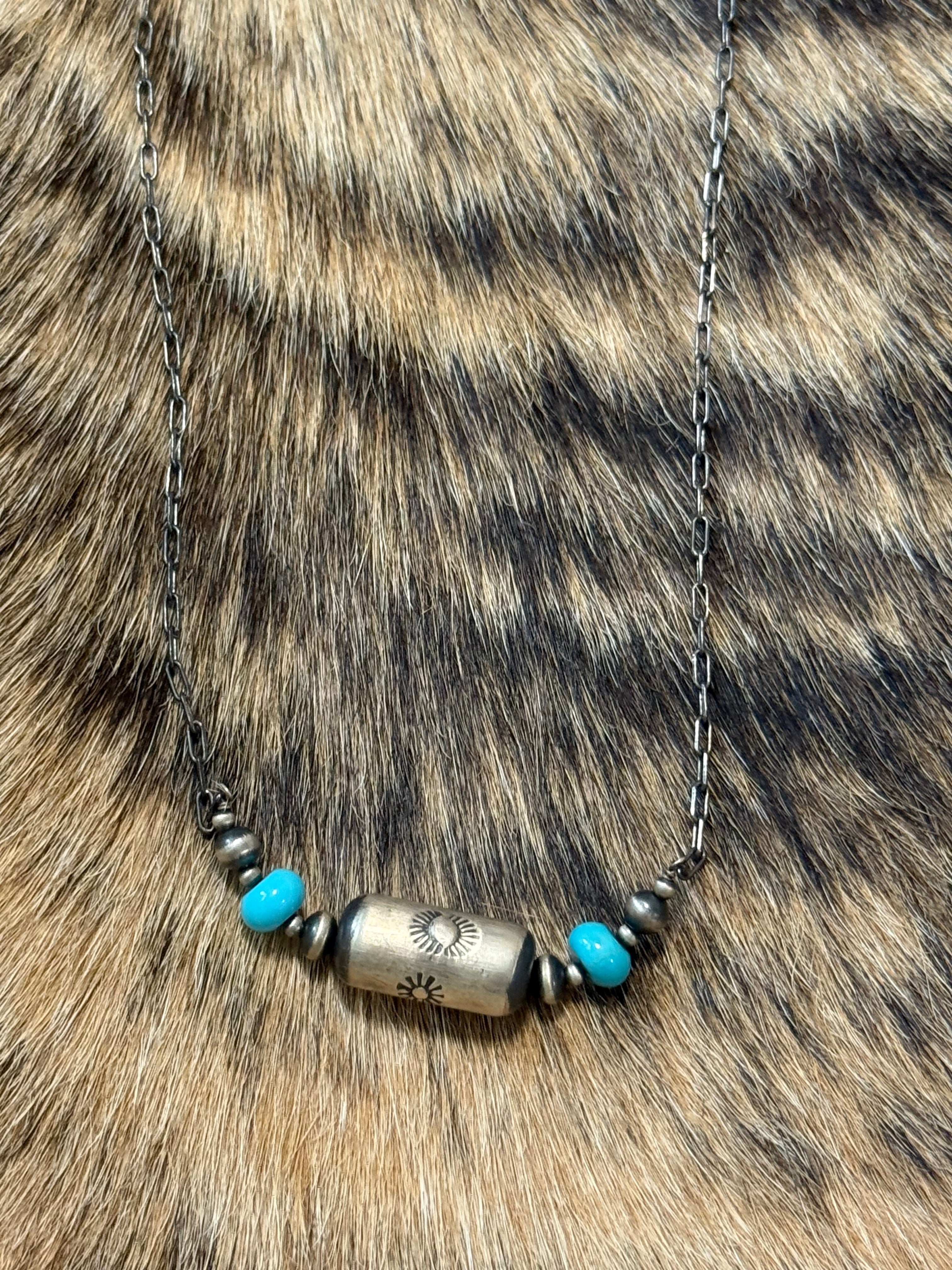 Stamped barrel bead & turquoise necklace