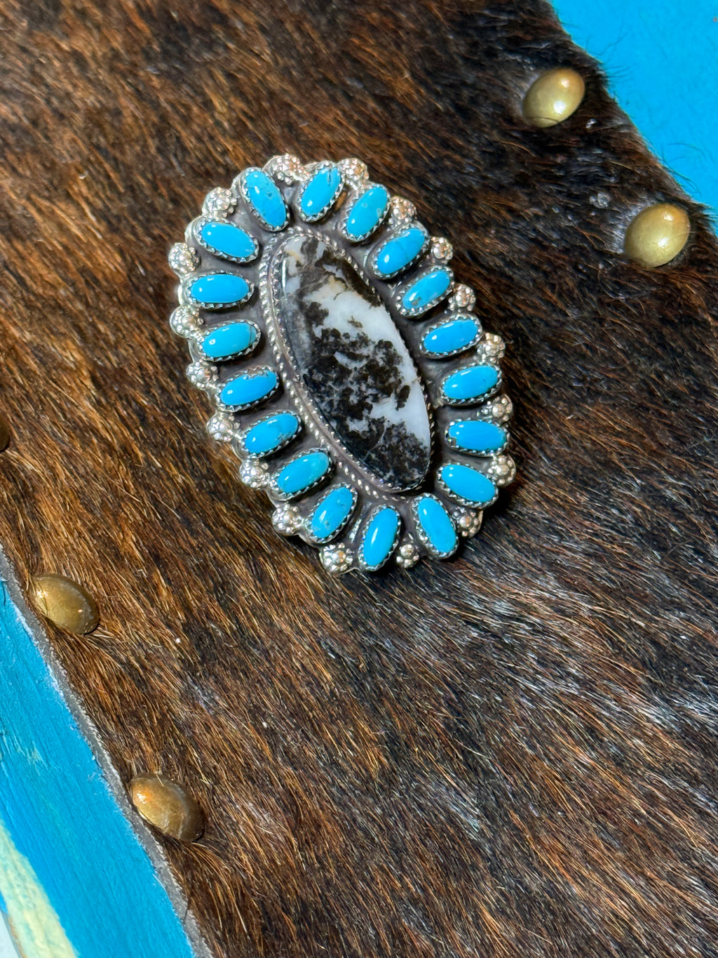 Native Davina Begay turquoise and white buffalo adjustable ring