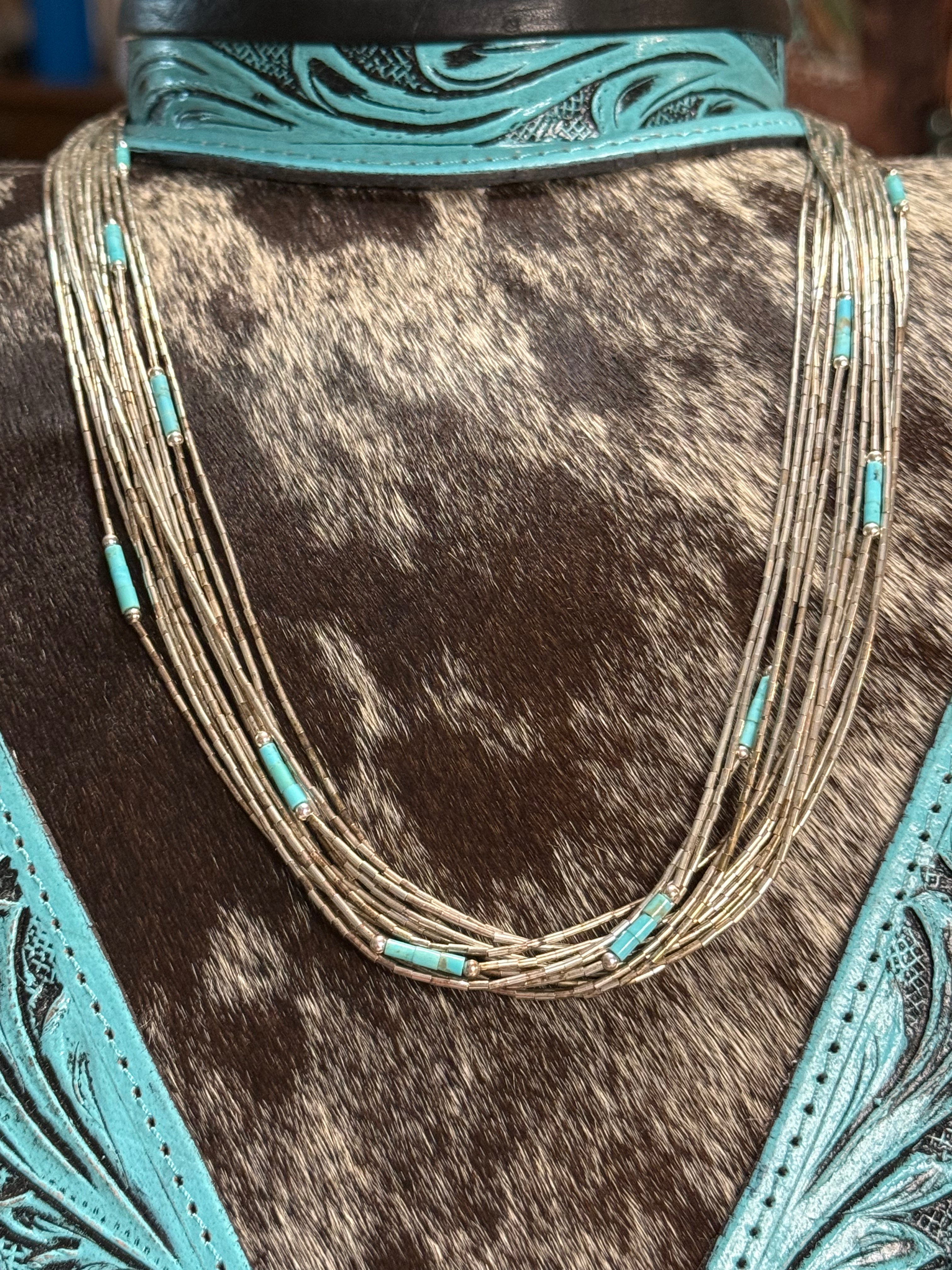 Vintage 12 strand liquid silver and turquoise necklace