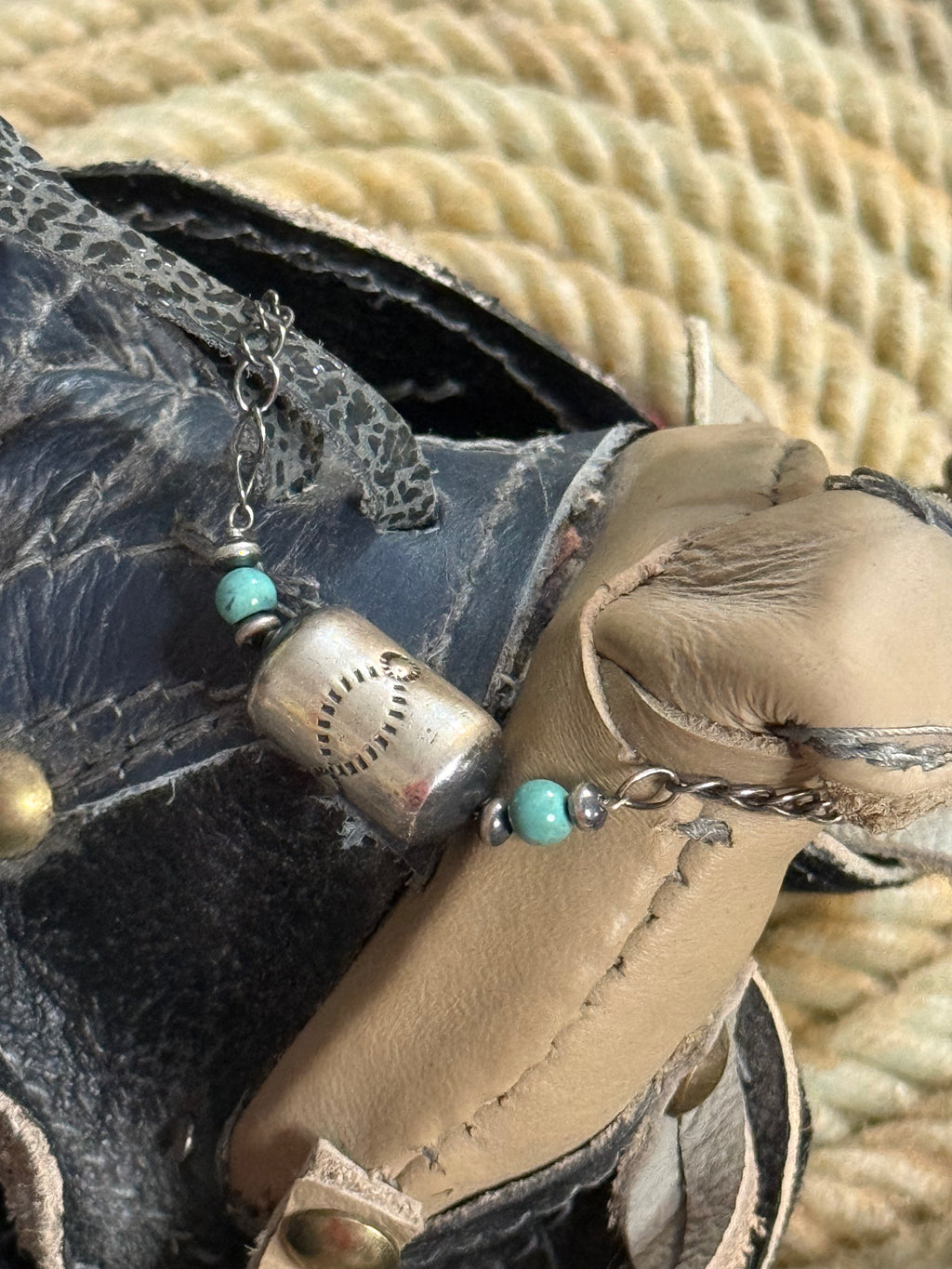 Jumbo stamped barrel bead and turquoise adjustable bracelet