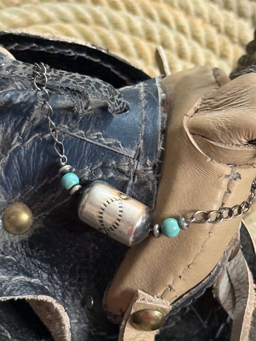Jumbo stamped barrel bead and turquoise adjustable bracelet