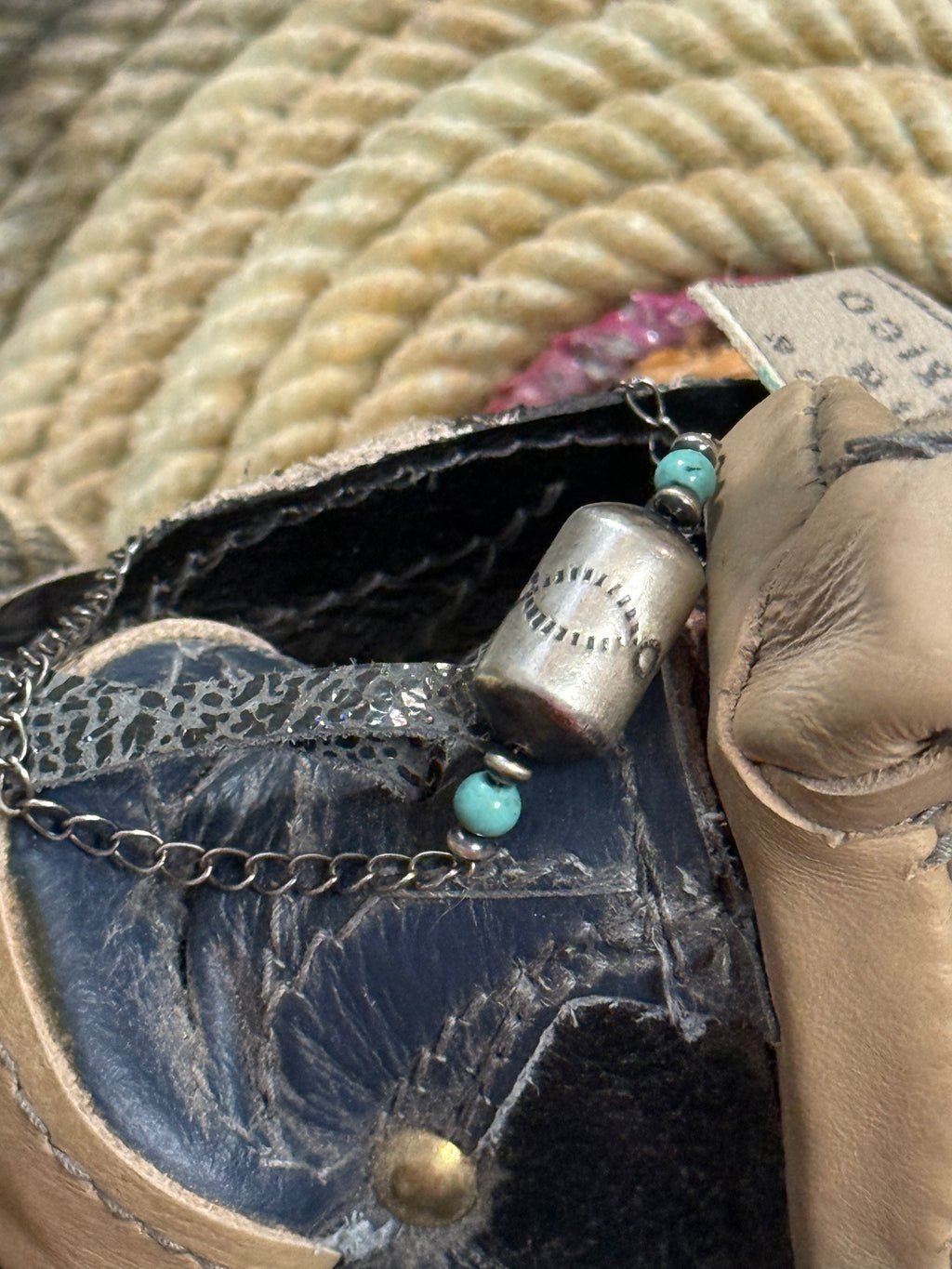 Jumbo stamped barrel bead and turquoise adjustable bracelet