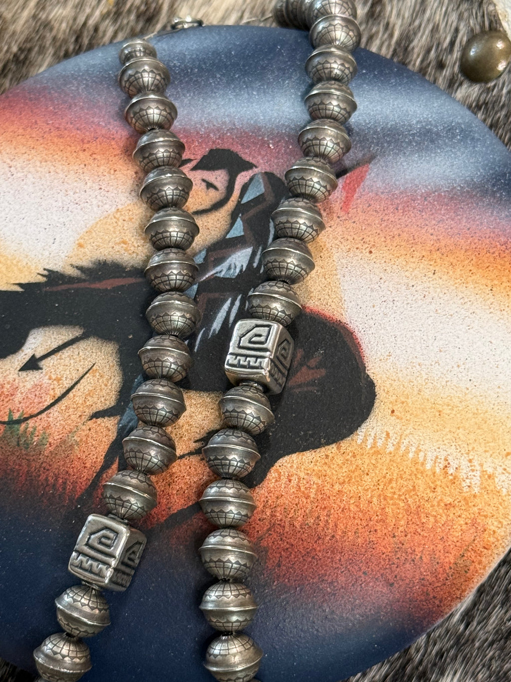 19” Native sterling silver hand soldered stamped bench bead necklace