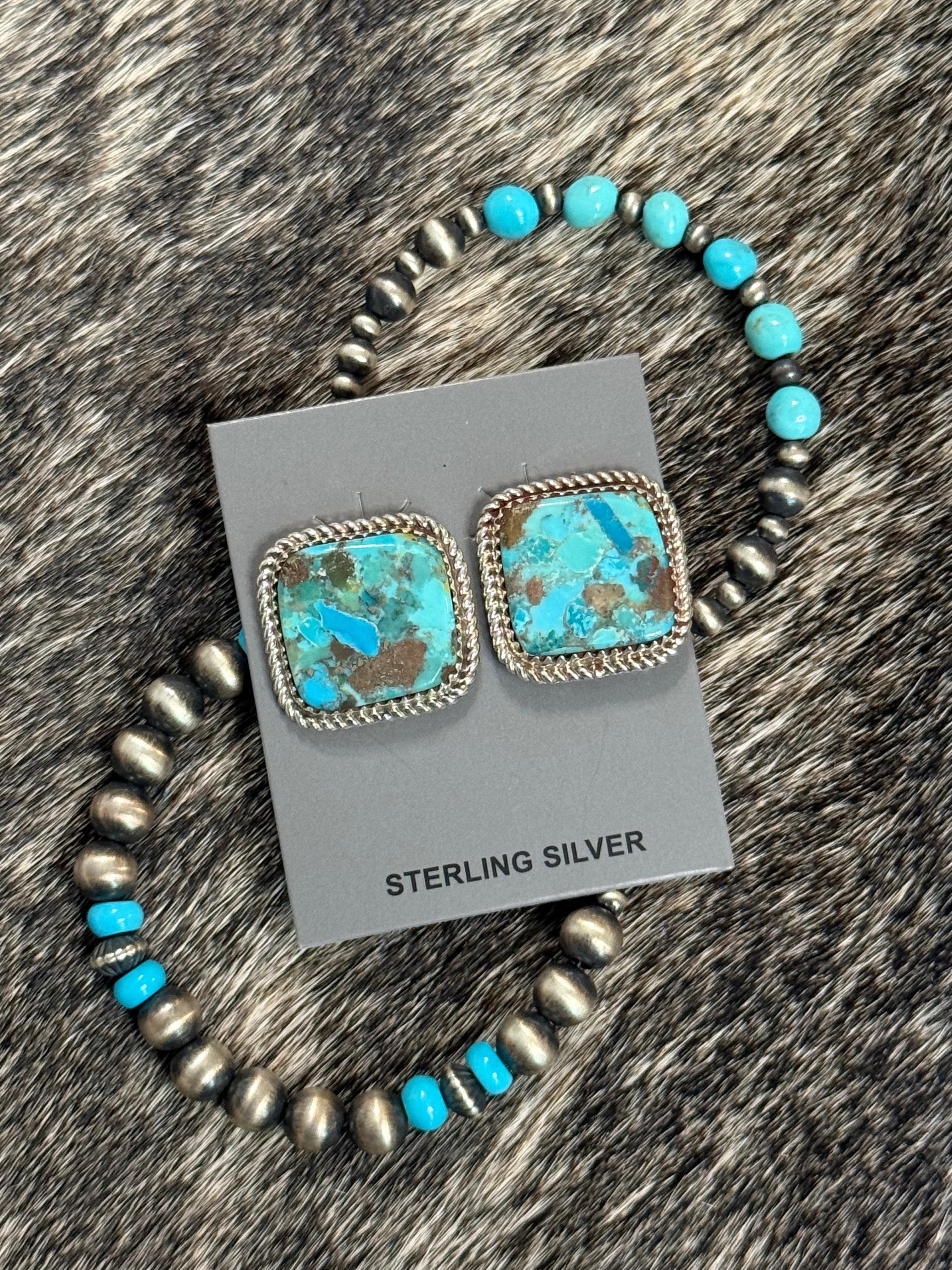 Native Larry Etcitty large square turquoise stud earrings