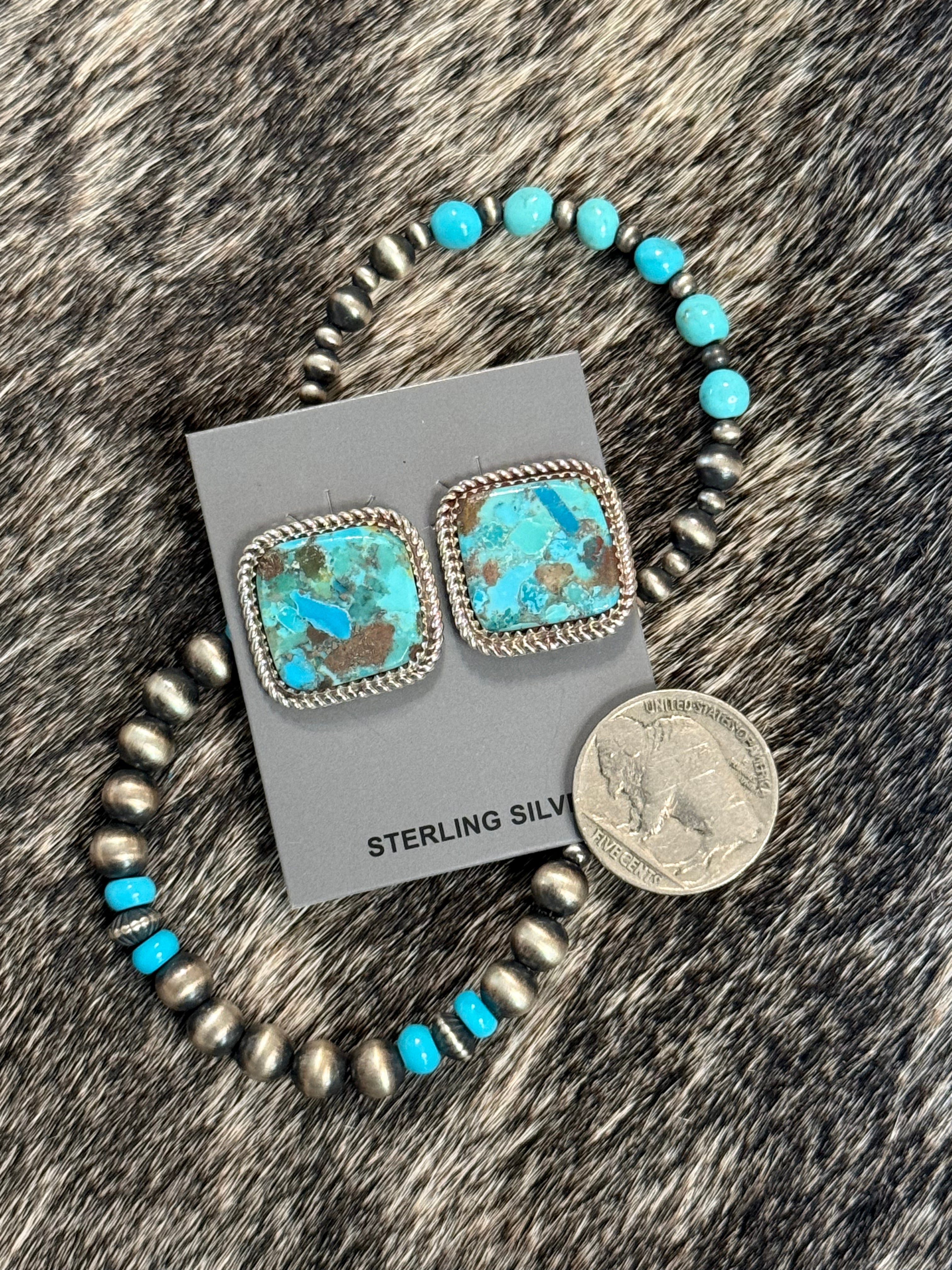 Native Larry Etcitty large square turquoise stud earrings