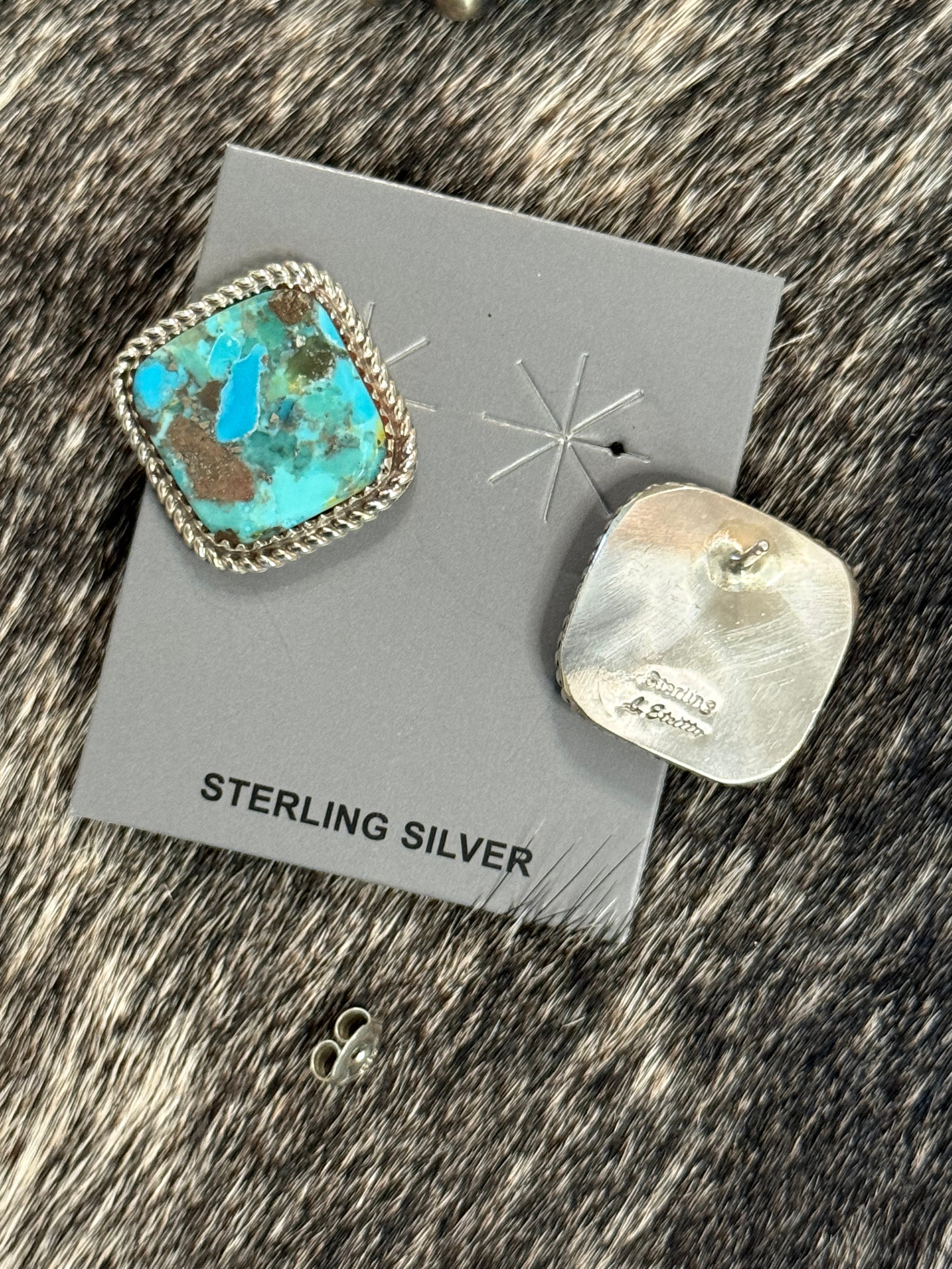 Native Larry Etcitty large square turquoise stud earrings