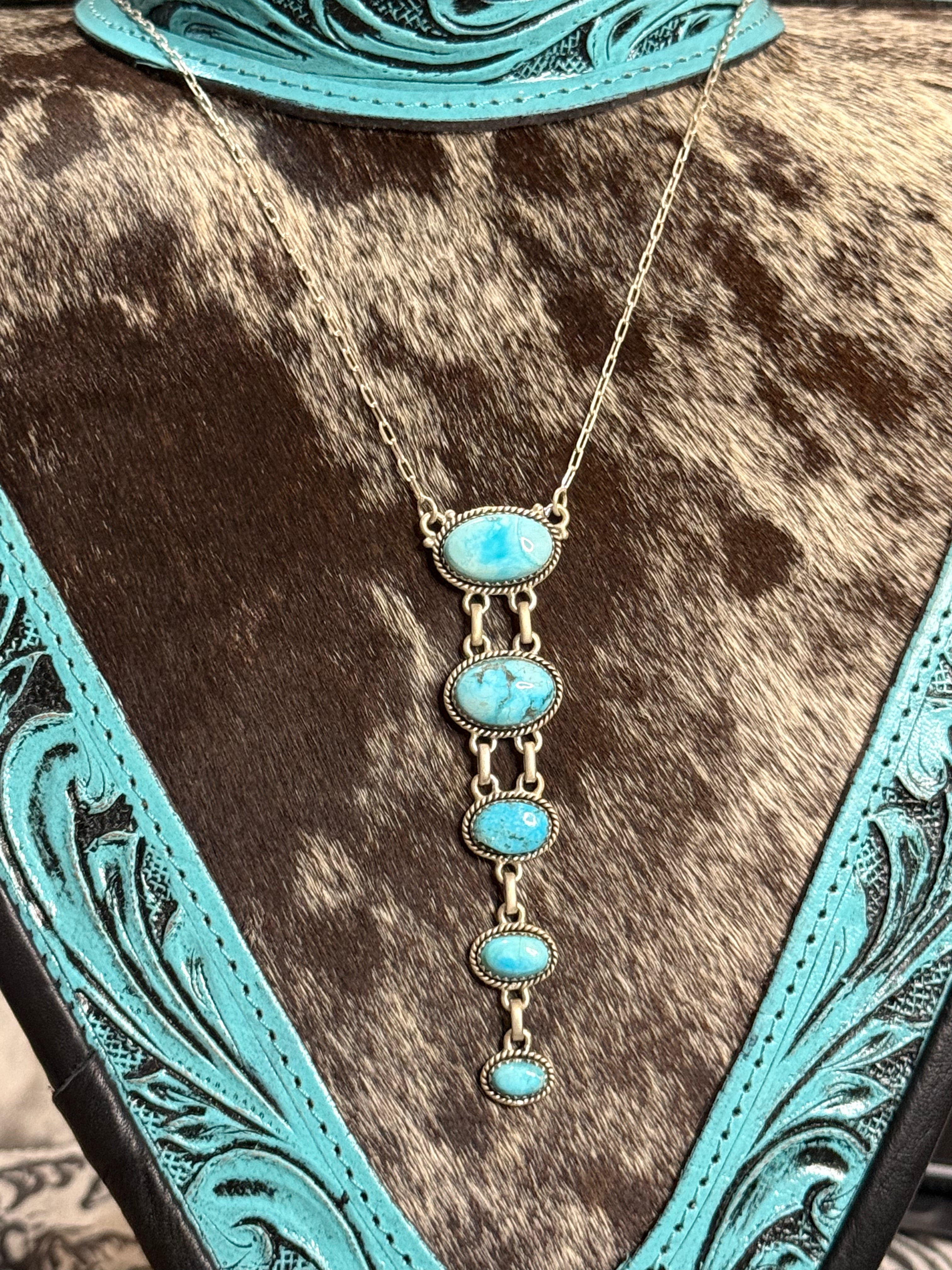 Turquoise drop stone lariat necklace with dainty paperclip chain