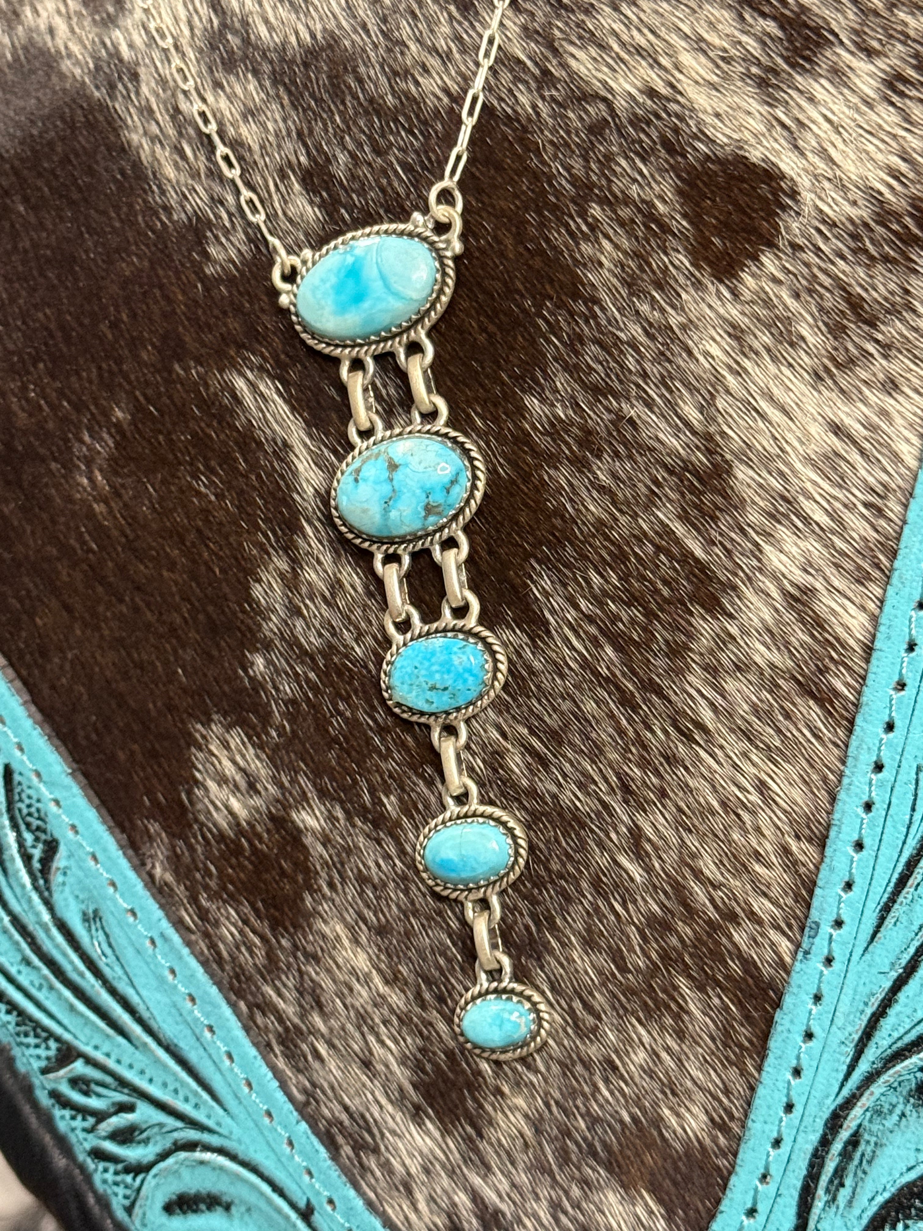 Turquoise drop stone lariat necklace with dainty paperclip chain