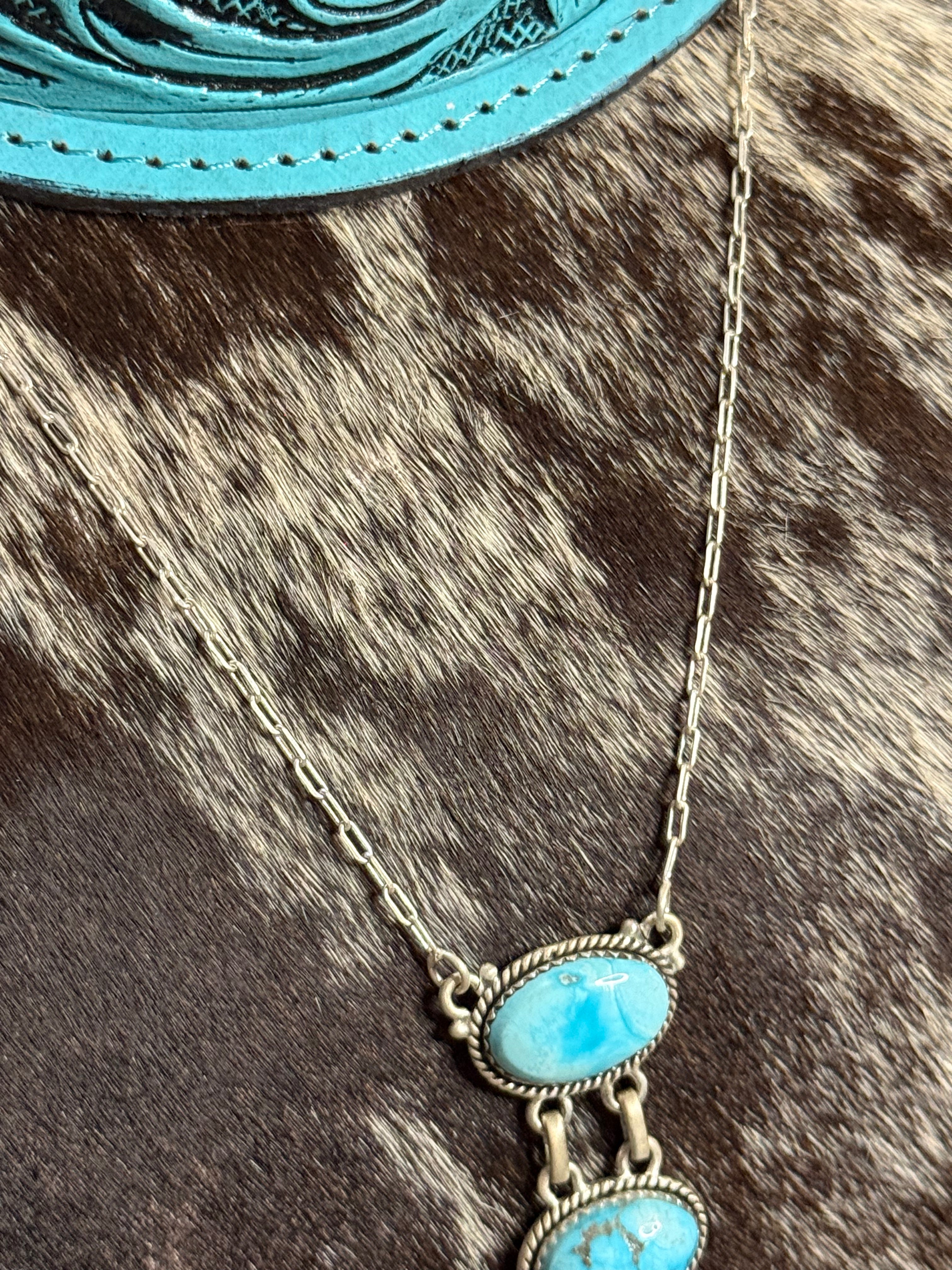 Turquoise drop stone lariat necklace with dainty paperclip chain