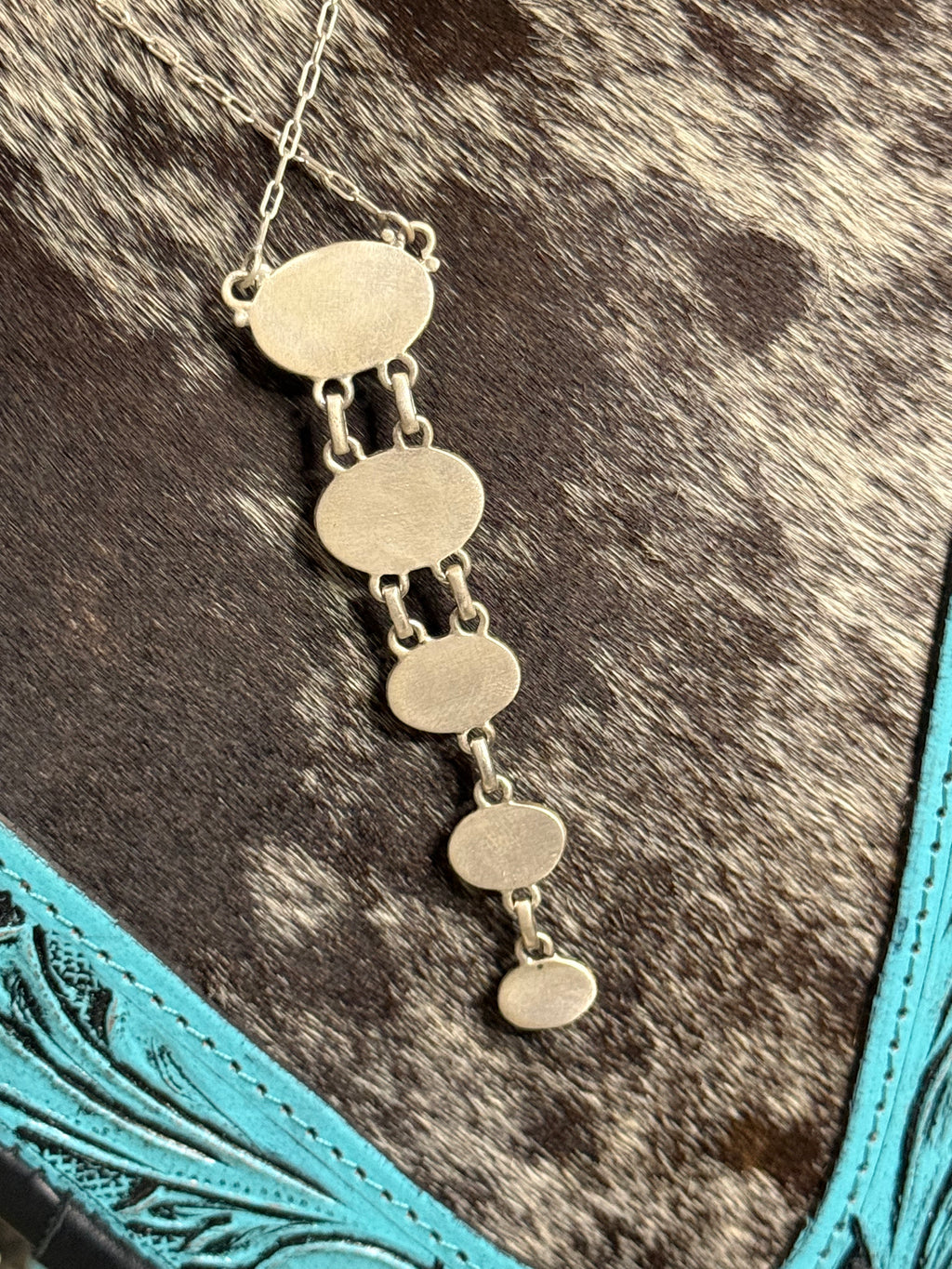 Turquoise drop stone lariat necklace with dainty paperclip chain