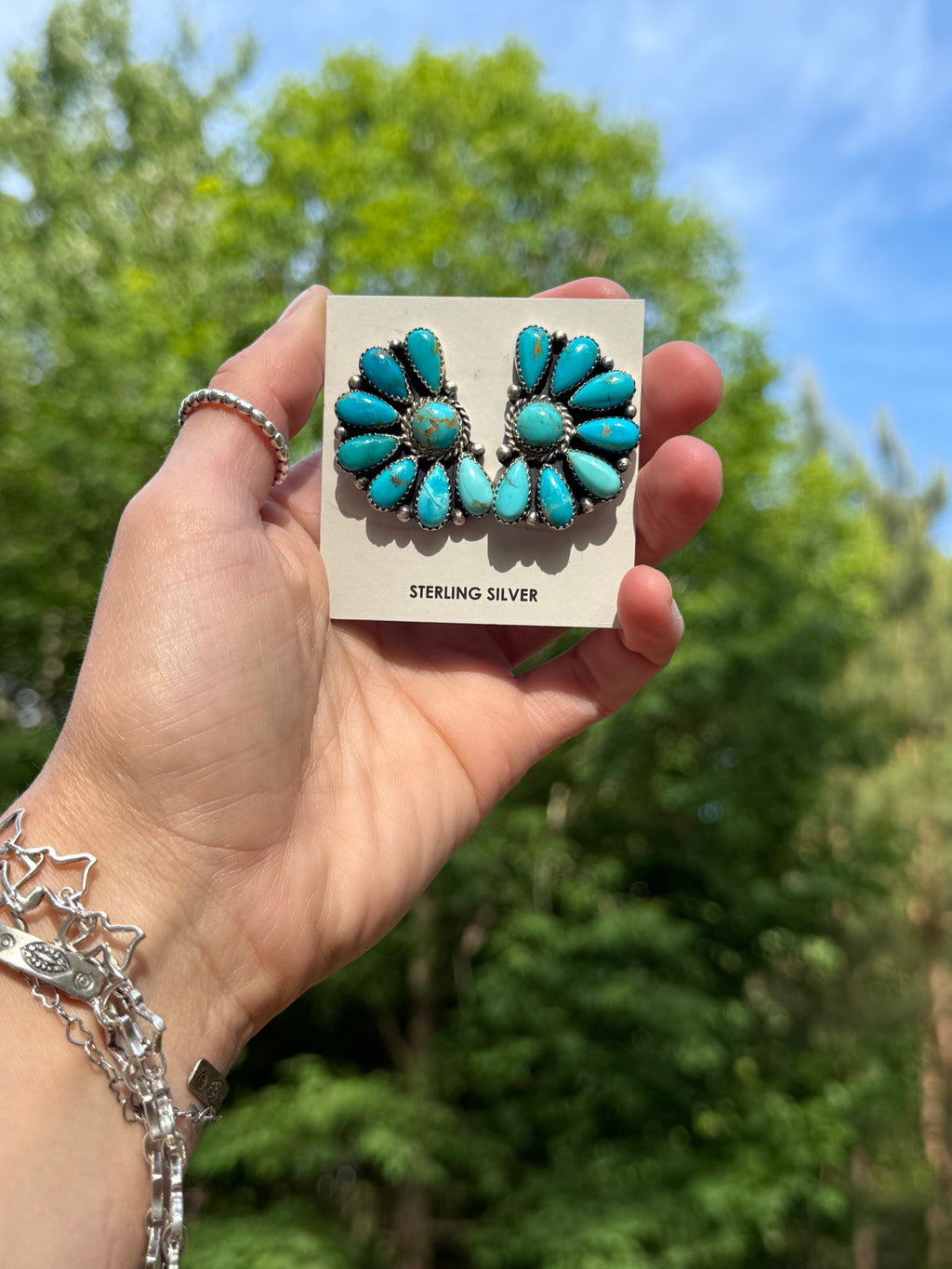 Turquoise half cluster earrings handmade by Navajo artist Effie Garfield