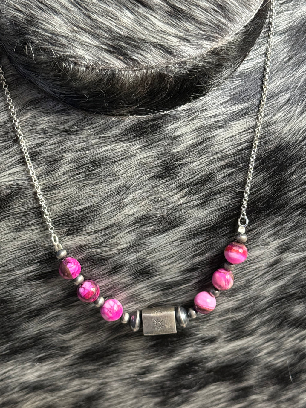 Pink dahlia & stamped sterling silver bar necklace
