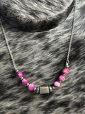 Pink dahlia & stamped sterling silver bar necklace