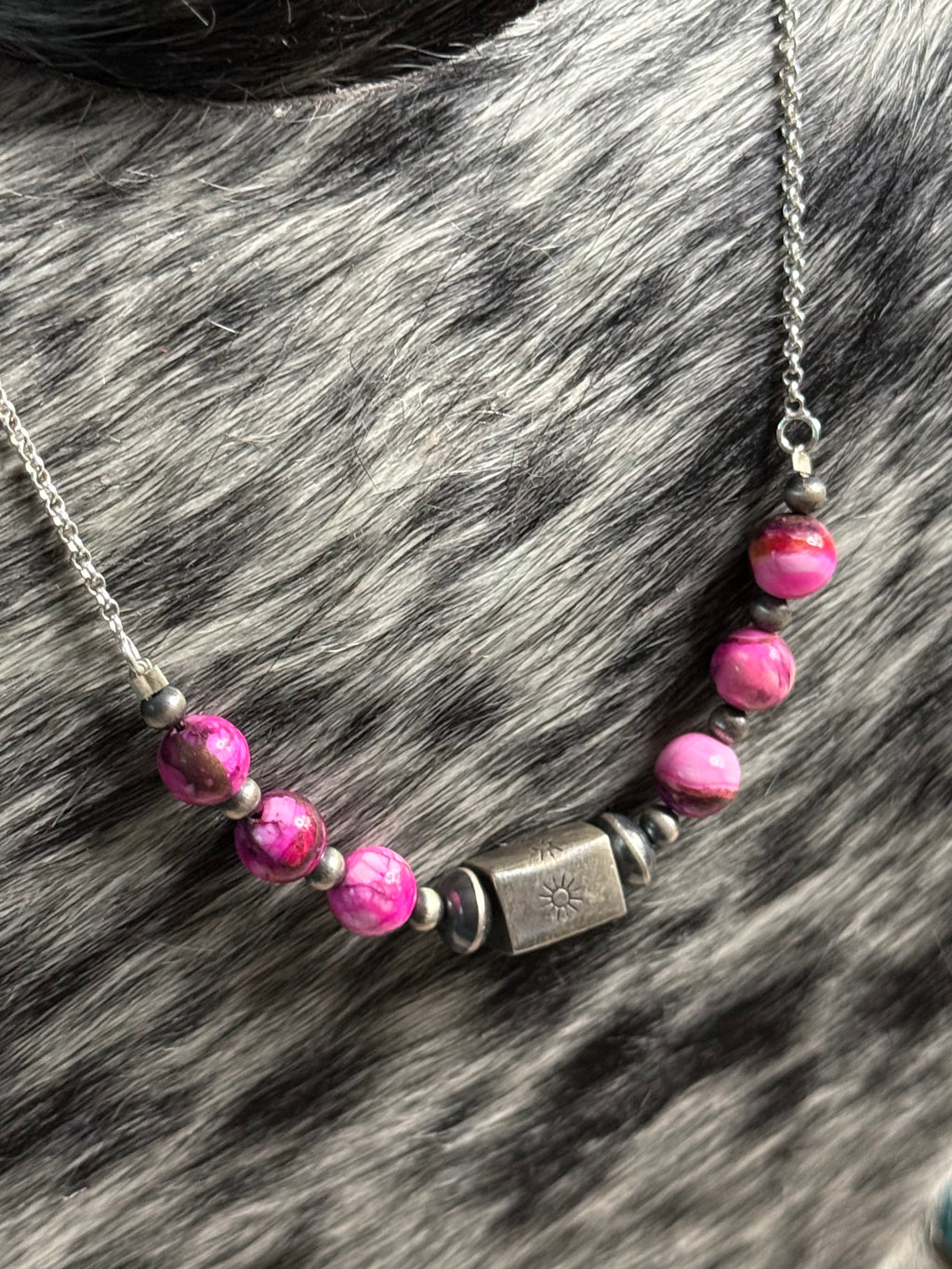 Pink dahlia & stamped sterling silver bar necklace