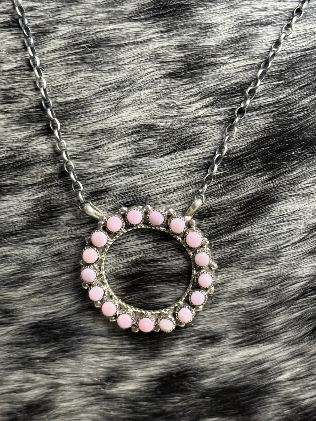 Zuni pink conch and sterling silver necklace by Phyllis Laate