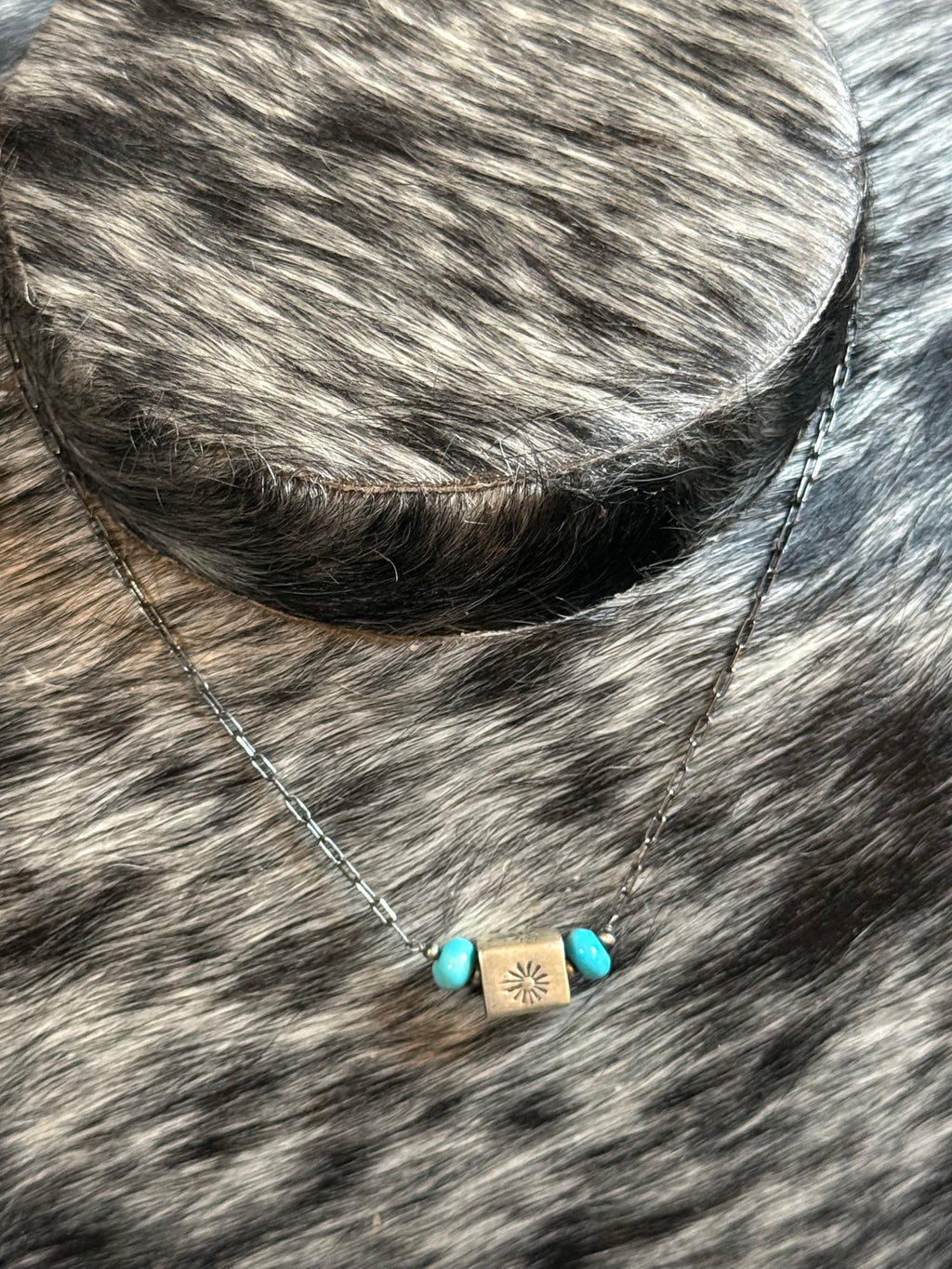 Turquoise & stamped square bead necklace