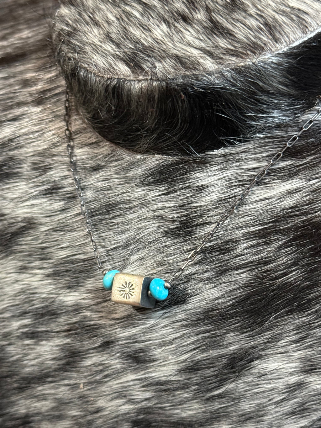 Turquoise & stamped square bead necklace