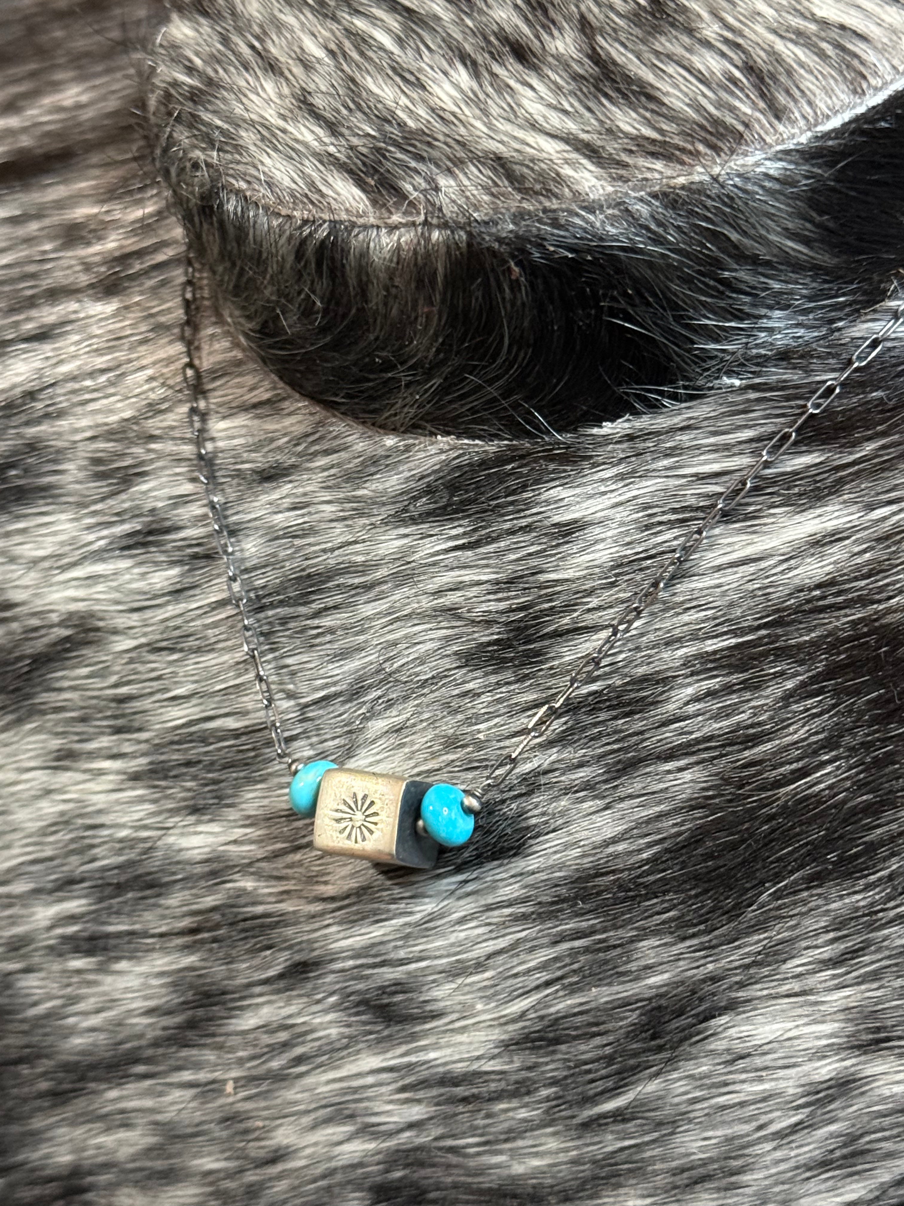 Turquoise & stamped square bead necklace