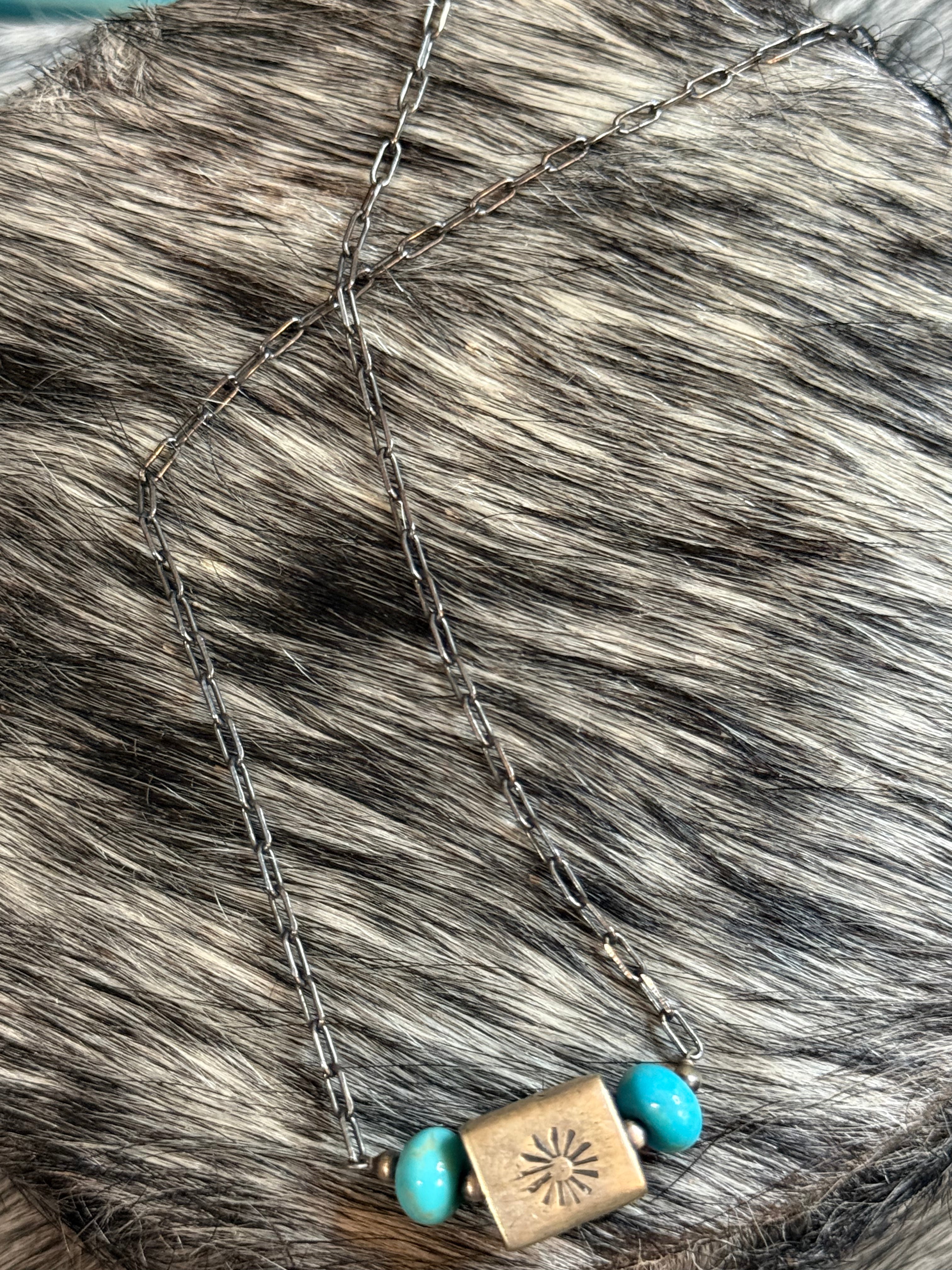 Turquoise & stamped square bead necklace